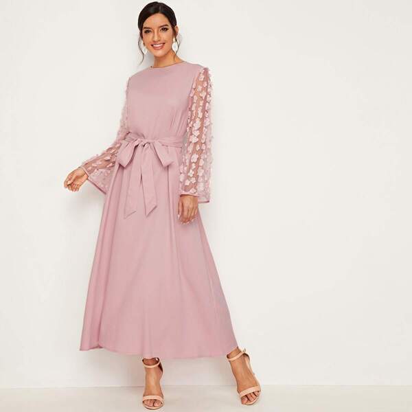 

3D Applique Mesh Bell Sleeve Self Belted Dress, Pink pastel