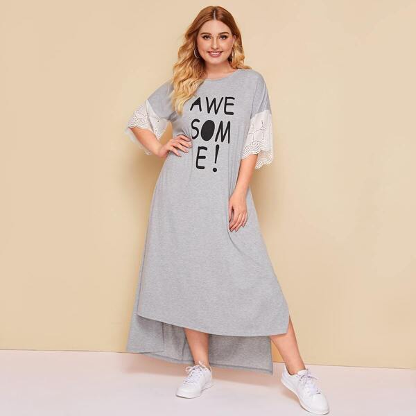

Plus Letter Eyelet Embroidered Sleeve High Low Hem Dress
