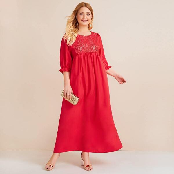 

Plus Lace Yoke Ruffle Cuff Dress, Red
