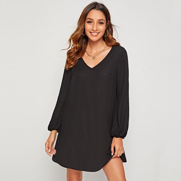 

Solid Lantern Sleeve Tunic Dress, Black
