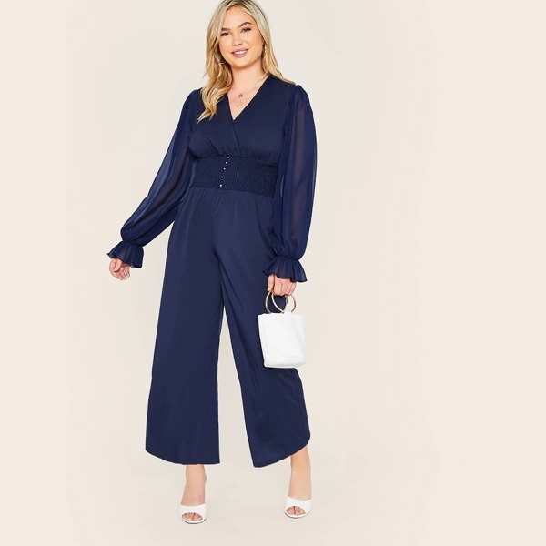 

Plus Surplice Neck Shirred Waist Jumpsuit, Navy