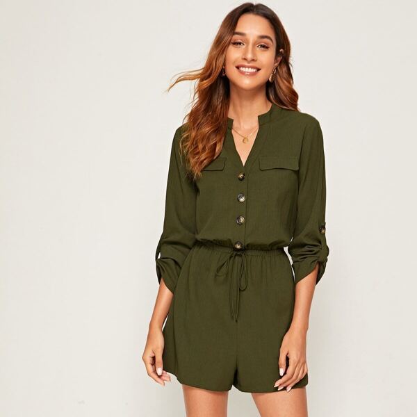

Notch Neck Roll Tab Sleeve Drawstring Waist Romper, Army green