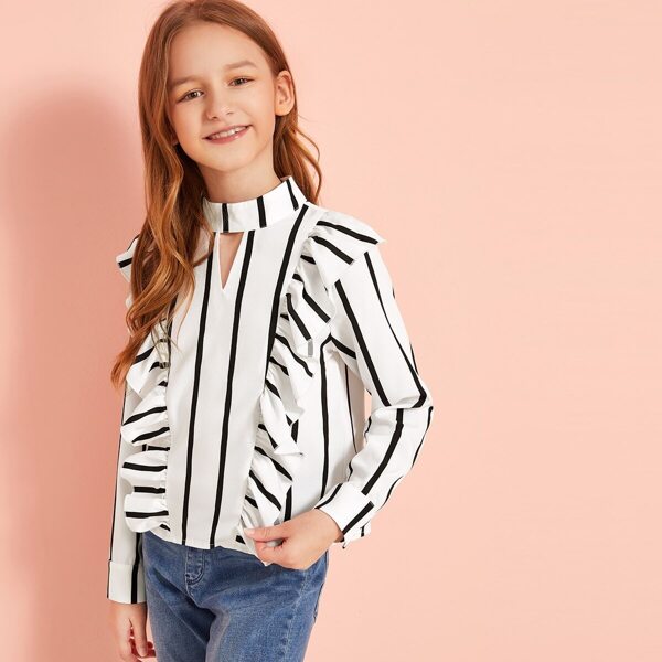 

Girls Mock-Neck Ruffle Trim Striped Peekaboo Top, White