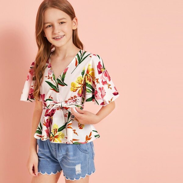 

Girls Floral Print Surplice Neck Belted Peplum Top