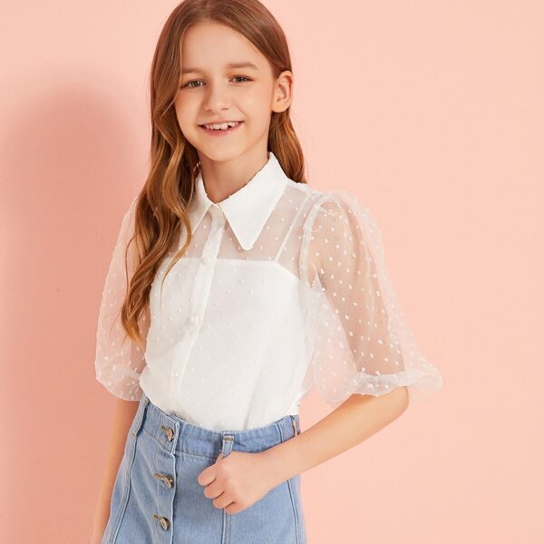 

Girls Mesh Puff Sleeve Chiffon Top With Cami, White