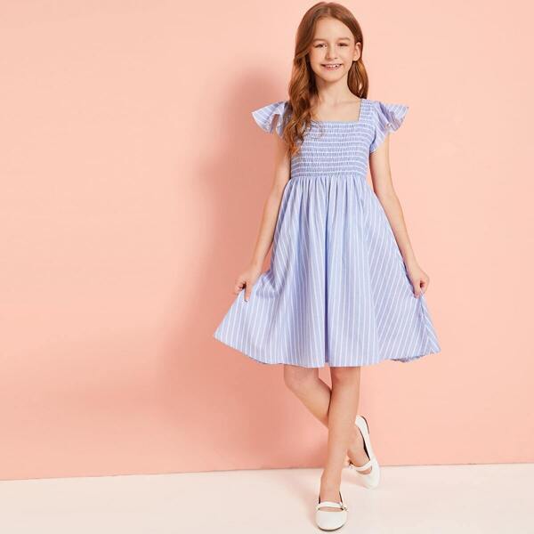 

Girls Shirred Bodice Fit and Flared Striped Dress