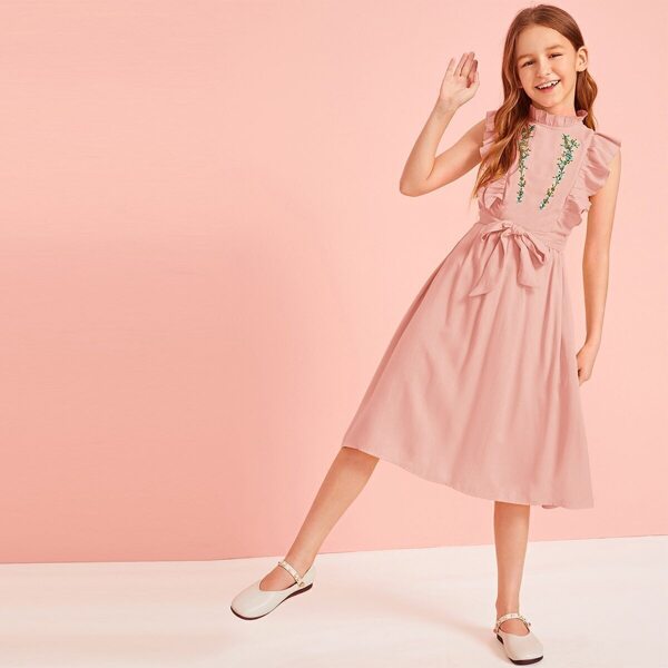 

Girls Embroidered Floral Ruffle Trim Belted Dress, Pink pastel
