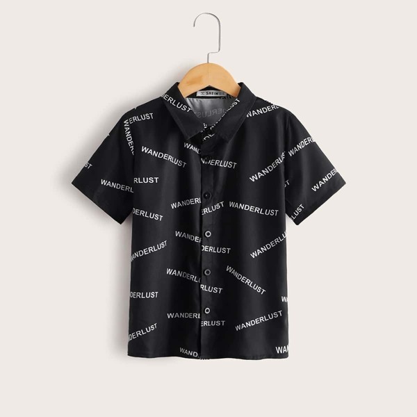 

Boys Allover Letter Print Shirt, Black