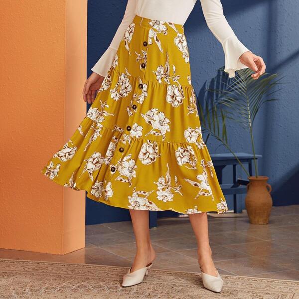 

Button Front Layered Ruffle Hem Floral Print Skirt, Yellow