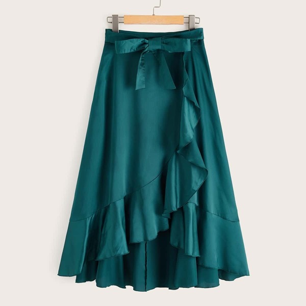 

Tie Back Wrap Ruffle Hem Satin Skirt