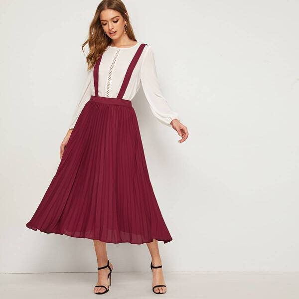 

Solid Pleated Pinafore Skirt, Burgundy