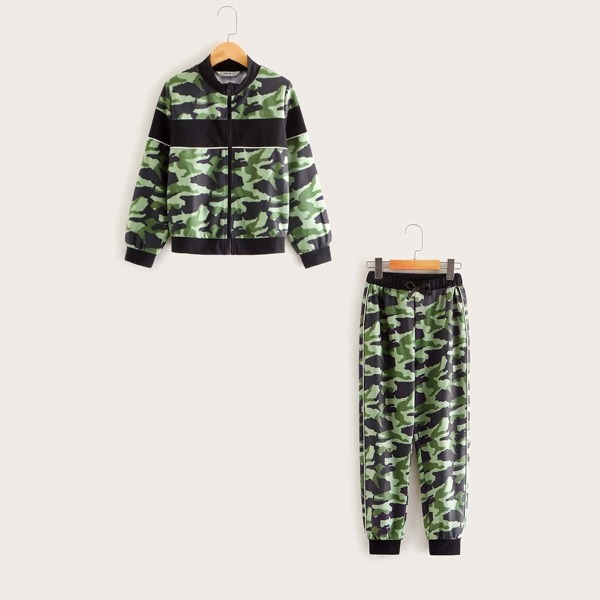 

Boys Contrast Binding Jacket & Tie Front Pants Set, Multicolor