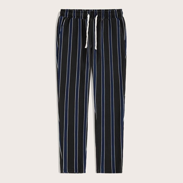 

Men Striped Drawstring Waist Pants, Black