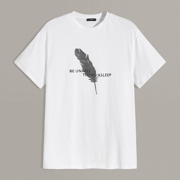 

Men Feather & Slogan Print Tee, White