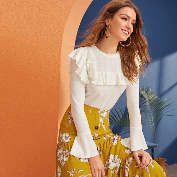 

Solid Ruffle Trim Flounce Sleeve Top, White