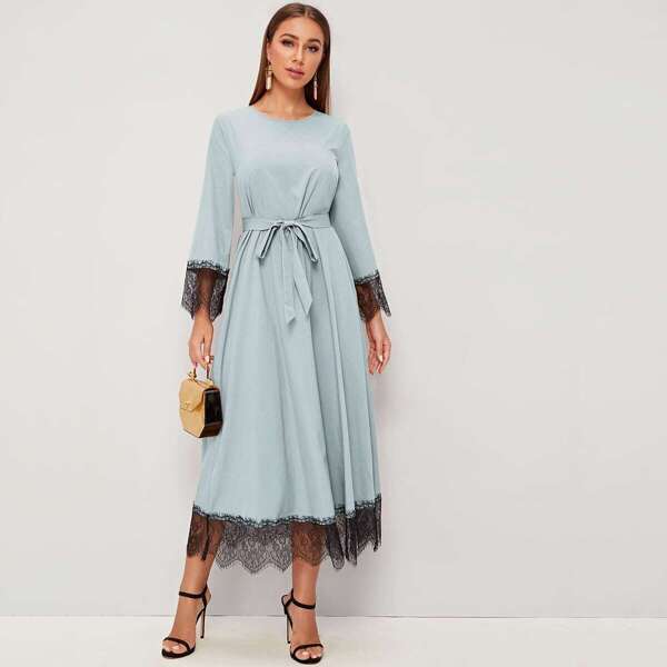 

Eyelash Lace Trim Belted Dress