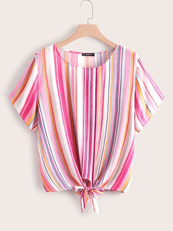 

Plus Colourful Striped Knotted Front Top, Multicolor