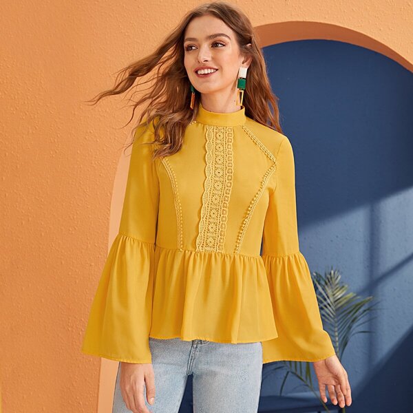 

Mock-neck Guipure Lace Trim Peplum Top, Yellow bright