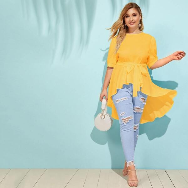 

Plus Asymmetrical Ruffle Hem Belted Top, Yellow