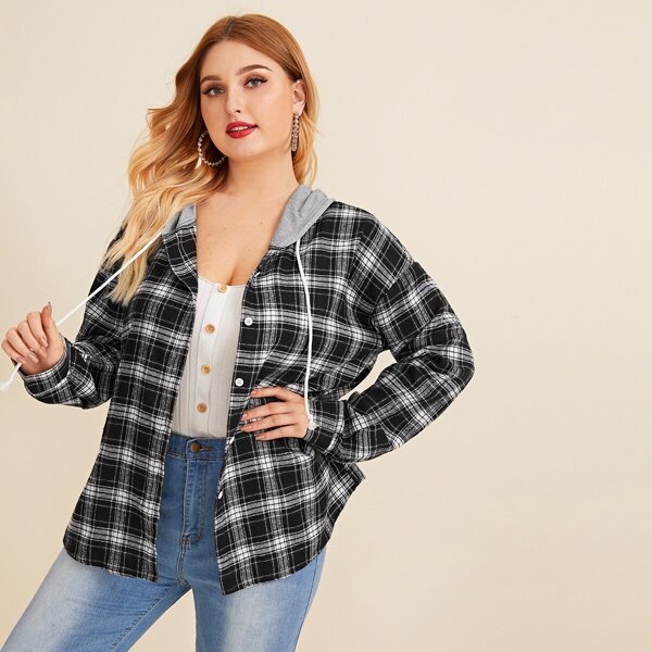 Plus Plaid Drawstring Hooded Blouse, Black and white
