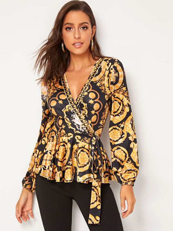 

Wrap Belted Scarf Print Peplum Top, Multicolor, Mary P.
