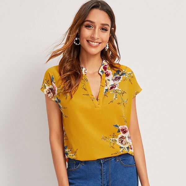 

Notch Neck Floral Print Dip Hem Top