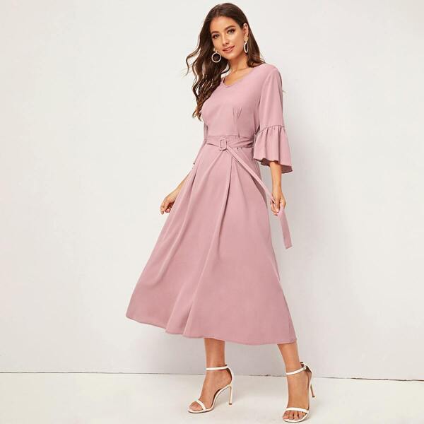 

Solid V Neck Flounce Sleeve Belted Dress, Pink