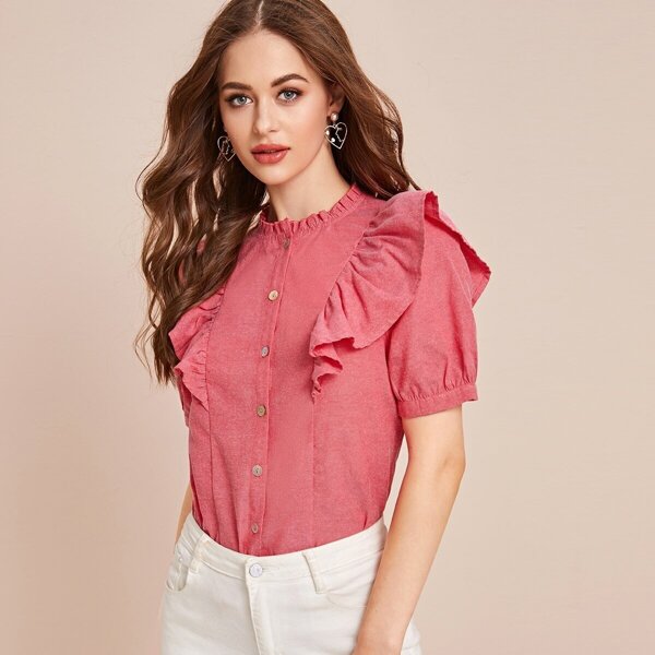 

Frill Neck Ruffle Trim Shirt