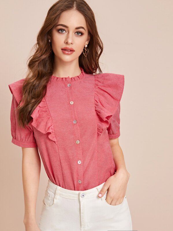 

Frill Neck Ruffle Trim Shirt, Red, Sonya