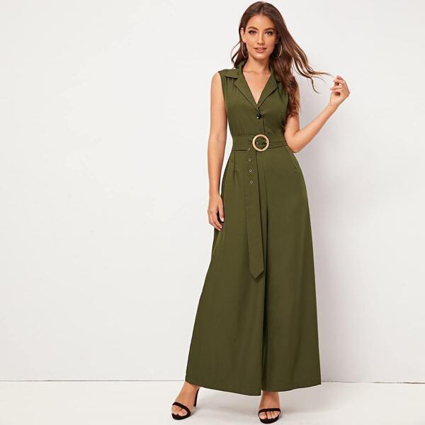 

Army Green Notched Collar O-Ring Belted Jumpsuit
