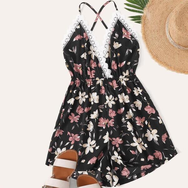 

Plus Floral Lace Contrast Backless Chiffon Romper