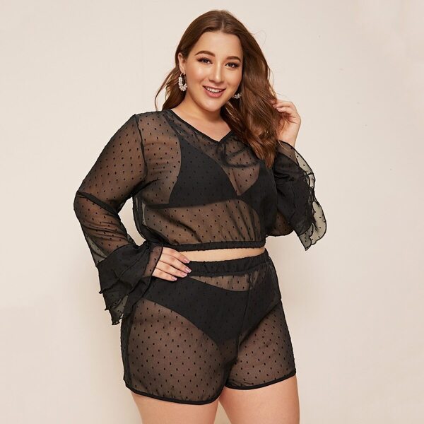 

Plus Dobby Mesh Sheer Top & Shorts Set
