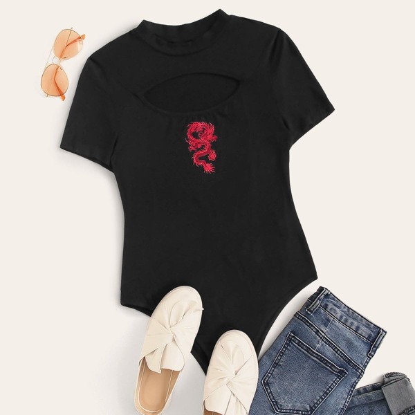 

Dragon Print Cut Out Bodysuit, Black