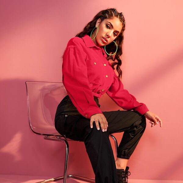 

Pocket Front Buttoned Corduroy Blouse, Red bright