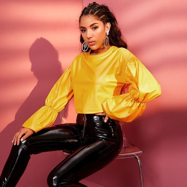 

Elasticized Sleeve Faux Patent Leather Top, Yellow bright