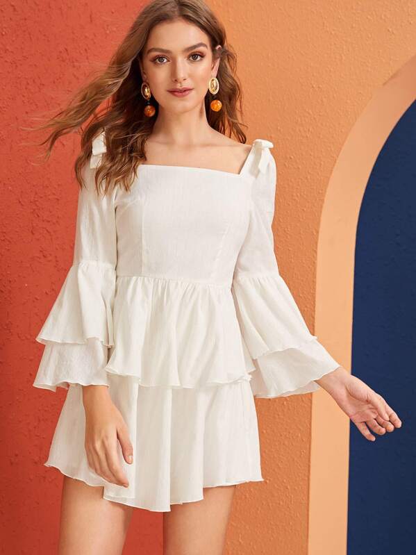 

Solid Bow Shoulder Layered Sleeve Dress, White, Luiza