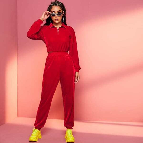 

Zip Half Placket Velvet Pullover & Pants Set, Red bright