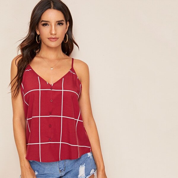 

Double V-neck Grid Print Cami Top