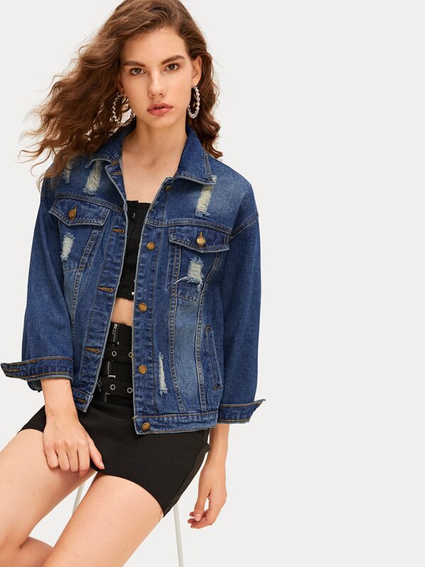 

Ripped Button Front Denim Jacket, Blue, Anak