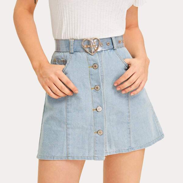 

Button Front Pocket Side Denim Skirt