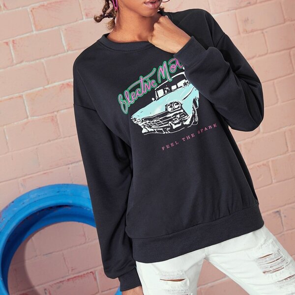 

Car & Letter Graphic Sweatshirt, Grey