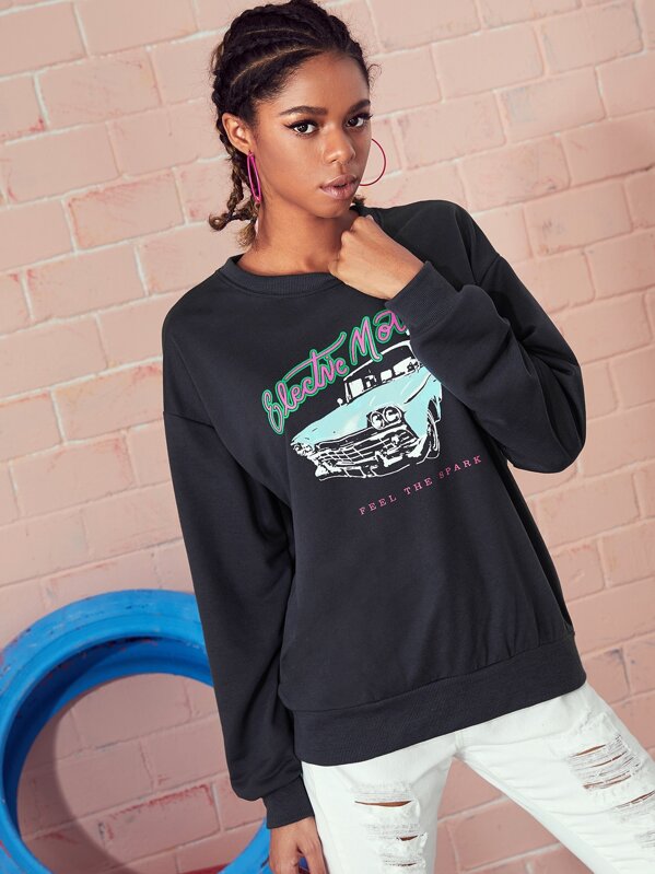 

Car & Letter Graphic Sweatshirt, Grey, Leticia