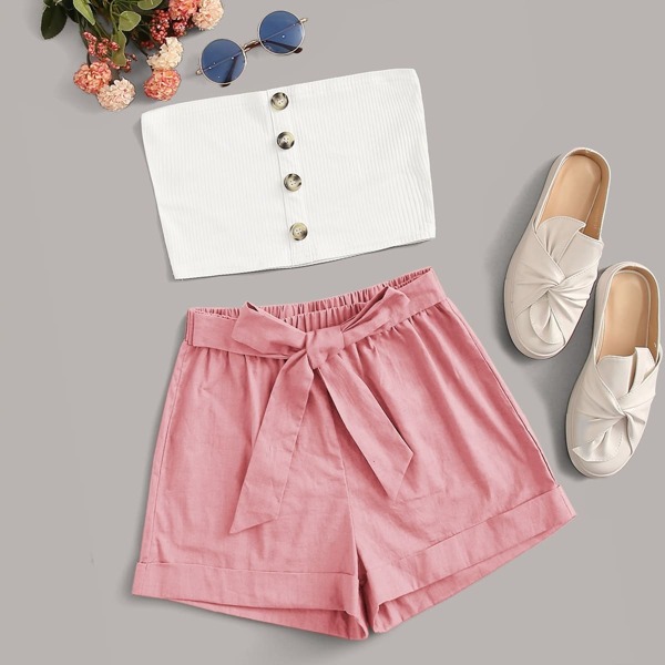 

Button Front Tube Top With Belted Wide Leg Shorts