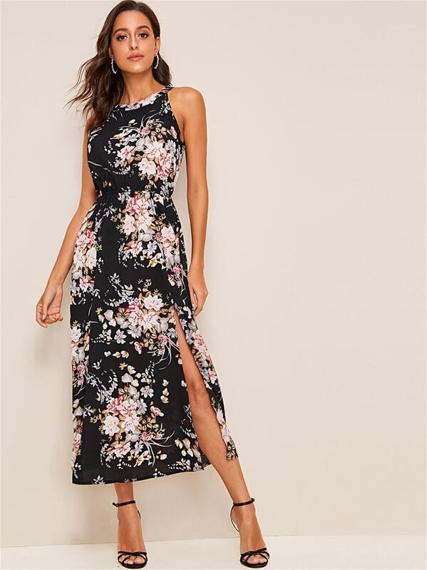 

Floral Print Split Thigh Halter Dress, Multicolor, Mary P.