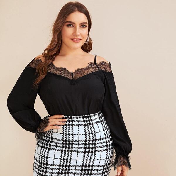 

Plus Cold Shoulder Eyelash Lace Trim Top, Black