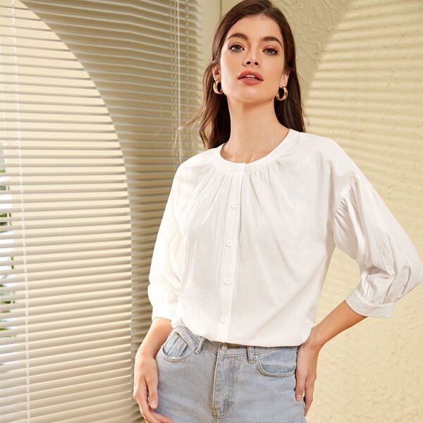 

Bishop Sleeve Plicated Solid Blouse, White