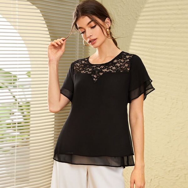 

Lace Panel Butterfly Sleeve Chiffon Blouse, Black