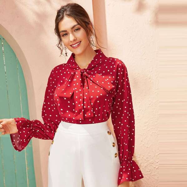 

Tie Neck Flounce Sleeve Polka Dot Blouse