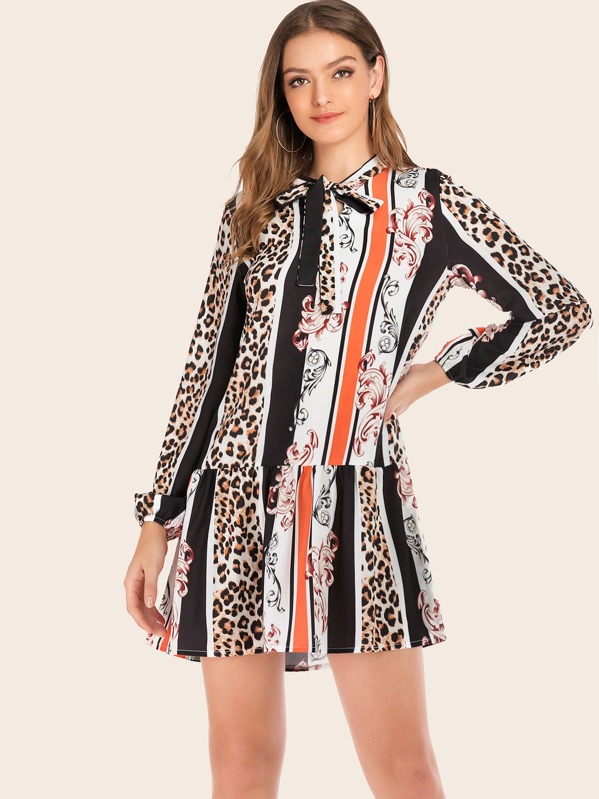 

Tie Neck Leopard Patchwork Ruffle Hem Dress, Multicolor