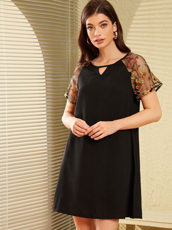 

Keyhole Neckline Embroidery Mesh Sleeve Tunic Dress, Black, Nadja